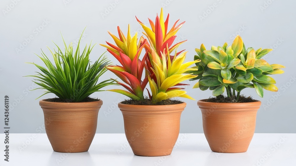 Obraz premium Three Potted Plants on White Table - Three terracotta pots containing vibrant green, yellow, and red artificial plants sit on a white surface against a light gray background.