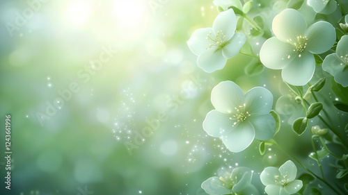 White flowers with green leaves, serene water reflection, soft bokeh lighting, peaceful spring nature setting for relaxation visuals