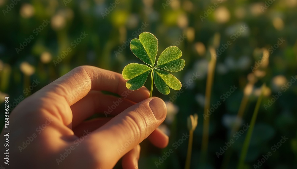 A hand gently holds a four leaf clover plant A hand gently holds a four leaf clover plant