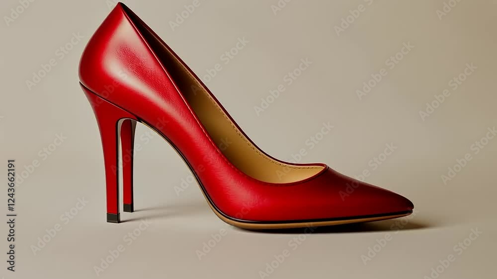 Single Red High-Heeled Pump on Beige Background