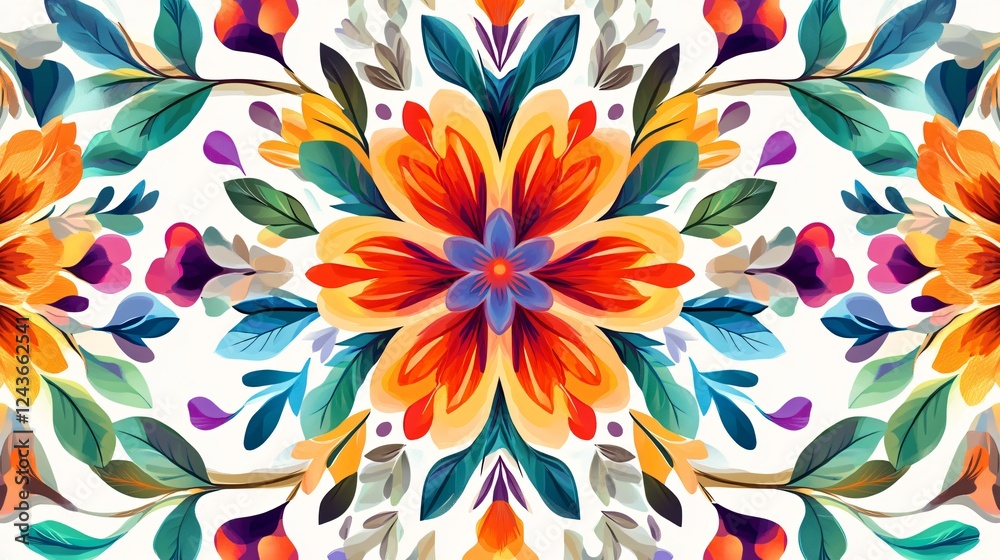 Symmetrical Floral Pattern with Geometric Motifs and Vibrant Colors for Design Symmetrical Floral Pattern with Geometric Motifs and Vibrant Colors for Design