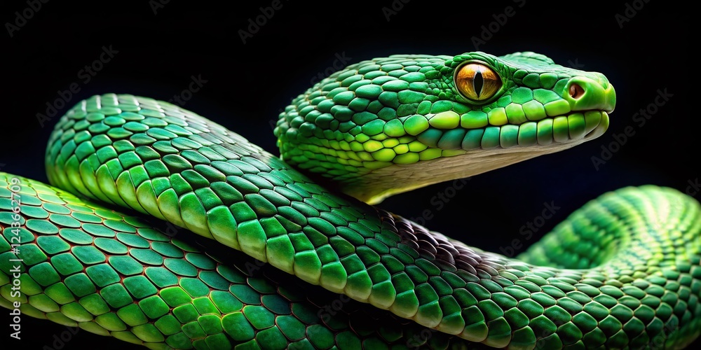 Venomous Green Viper Snake on Black Background - Stock Photo