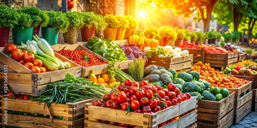 Obraz premium Vibrant Colorful Vegetable Market Stall, Fresh Produce, Farmers Market, Organic Vegetables, Abundant Harvest