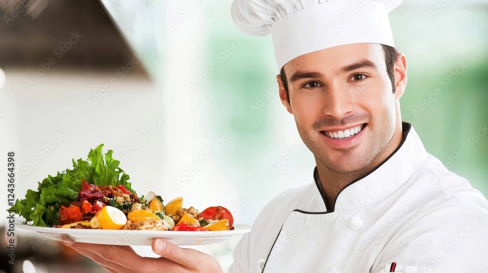 Professional chef presenting a colorful plate of fresh delicious food Professional chef presenting a colorful plate of fresh delicious food