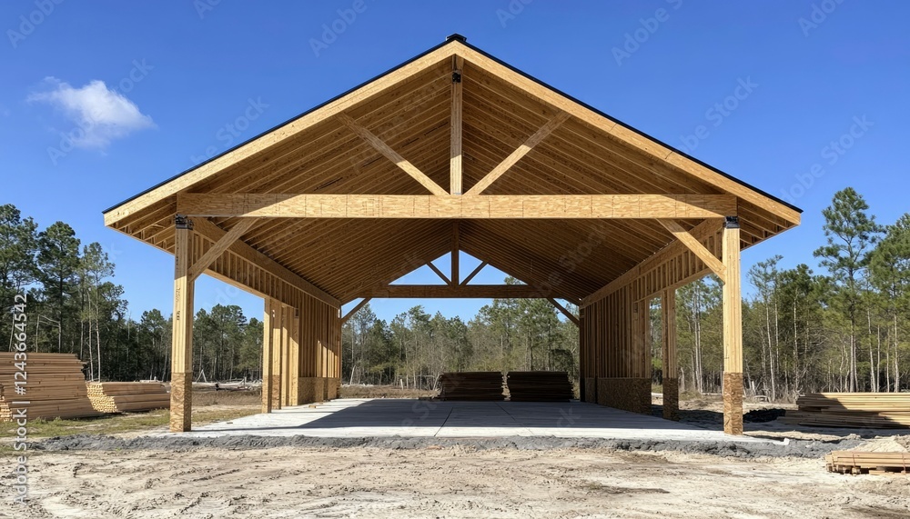 Wooden Frame Structure Under Construction in a Sunny Field Wooden Frame Structure Under Construction in a Sunny Field