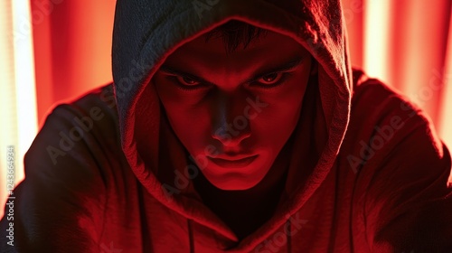 Intense Portrait of a Young Man with Hoodie in Red Lighting