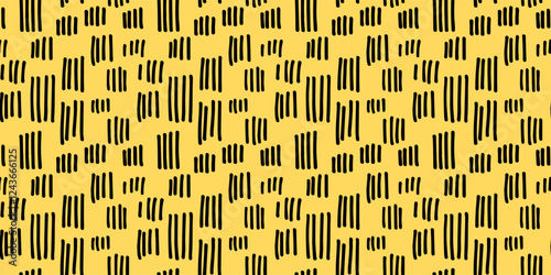 Hand drawn small dash seamless black and yellow doodle pattern with irregular dashes. Playful and modern design, perfect for textiles, packaging, wallpapers, and branding projects. Vector illustration