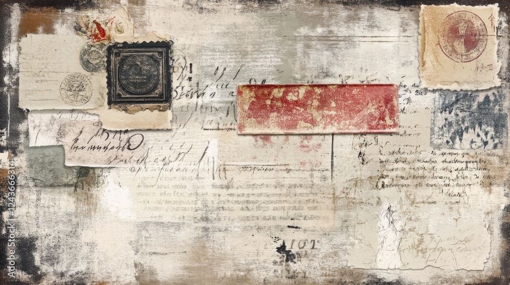 Fototapeta premium Grungy, vintage worn paper overlays with texture and distressed stamps.