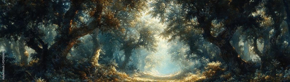 Fototapeta premium Enchanting Forest Pathway with Sunlight Filtering Through Ancient Trees Creating a Mystical and Serene Atmosphere