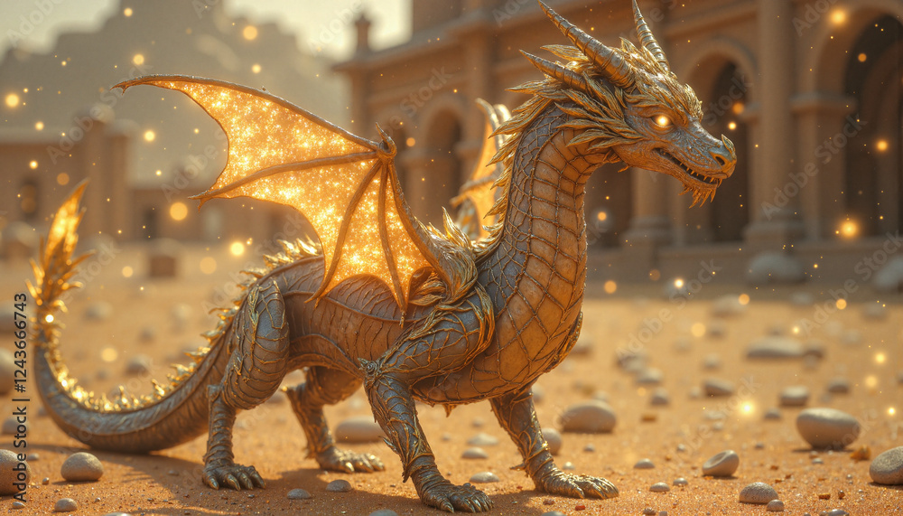 Obraz premium Golden dragon made of sand amidst ancient desert ruins, mystical magic