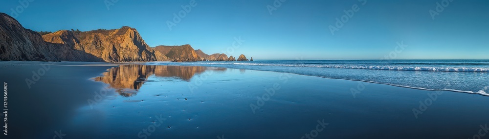 Fototapeta premium Stunning Coastal Landscape with Rocky Cliffs and Calm Ocean Waves at Sunset in a Panoramic View