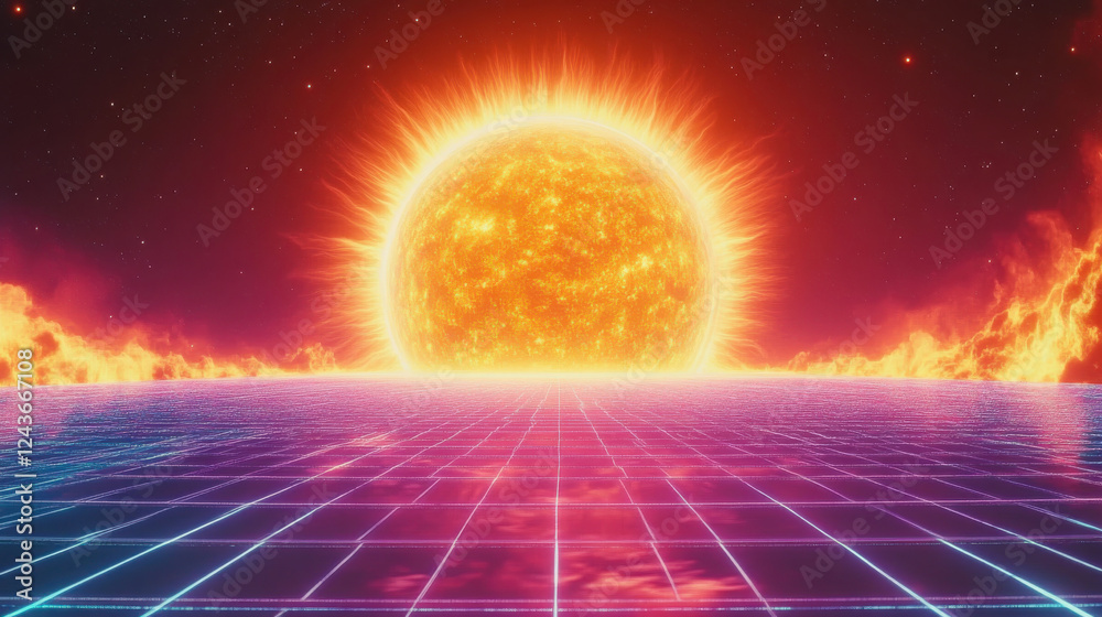A breathtaking neon synthwave background featuring an enormous radiant sun hovering above a grid-like horizon