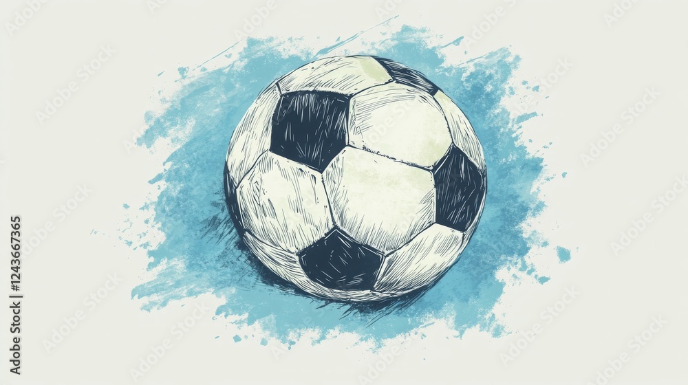 Naklejka premium Hand-drawn vintage-style football sketch in shades of blue. Retro engraving effect. 