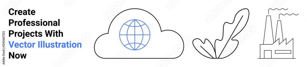 Globe inside cloud, leaf symbolizing nature, factory with smokestacks in linear graphics. Ideal for sustainability, industry, technology, eco-friendly themes, digital, cloud storage flat landing Globe inside cloud, leaf symbolizing nature, factory with smokestacks in linear graphics. Ideal for sustainability, industry, technology, eco-friendly themes, digital, cloud storage flat landing