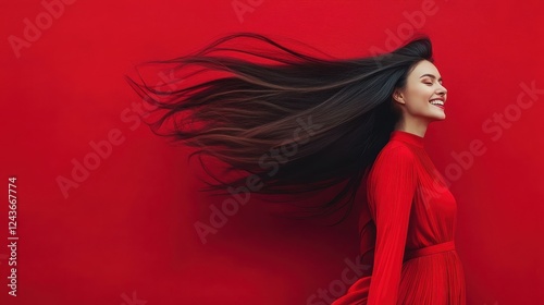 Woman in Red Dress with Flowing Hair Against Bright Red Background