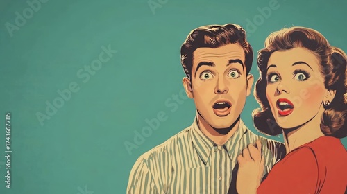 Handsome man and woman exchange surprised looks. Romantic retro 50s pop art style for couples