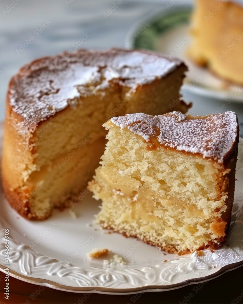Delicious Vanilla Cake with Powdered Sugar on White Plate and Slice Cut Out Close Up Dessert View Delicious Vanilla Cake with Powdered Sugar on White Plate and Slice Cut Out Close Up Dessert View
