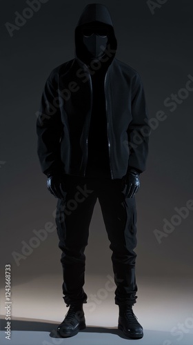 Enigmatic Figure in Shadowy Outfit with Masked Face and Hooded Jacket Standing Still Style