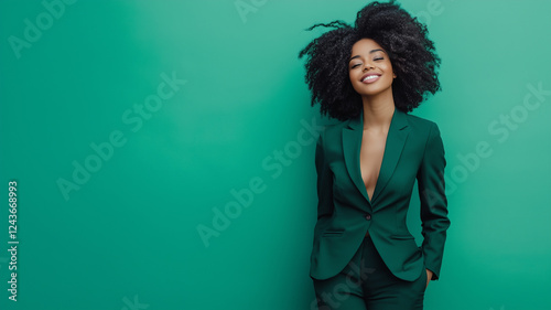 Attractive sexy black businesswoman standing smiling spontaneously, green studio background with copy space, black woman wearing green suit