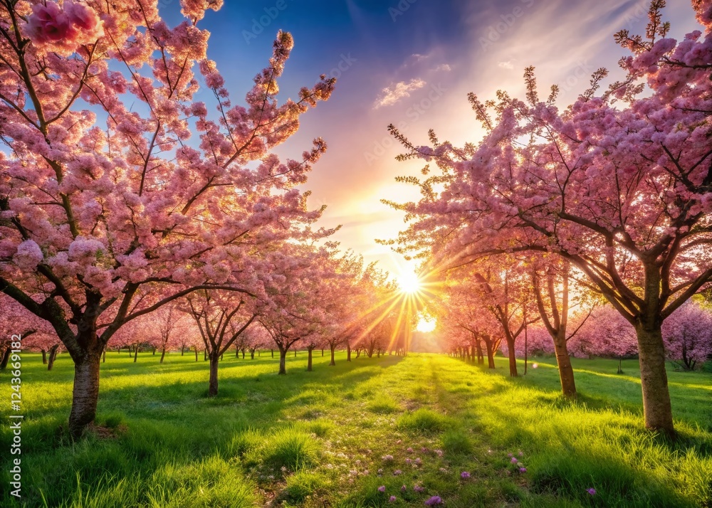 Vibrant Spring Landscape: Blossoming Cherry Trees in a Sunlit Meadow Vibrant Spring Landscape: Blossoming Cherry Trees in a Sunlit Meadow