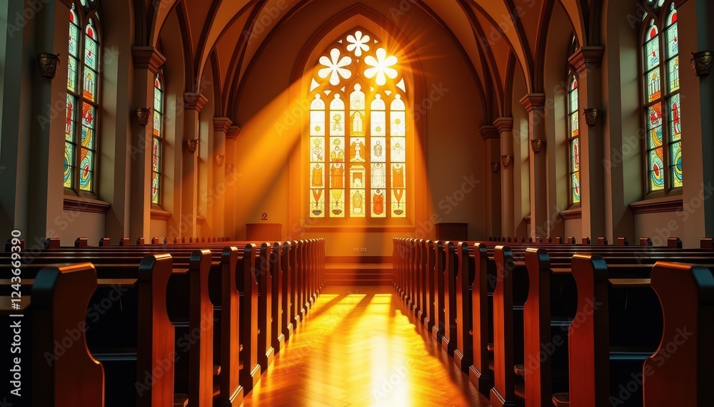 Fototapeta premium Sunlit church interior with wooden pews and colorful stained glass windows casting warm beams of light, creating a serene and spiritual atmosphere, perfect for Palm Sunday reflection