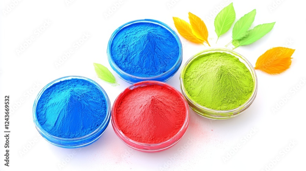 Vibrant Holi Powder Colors - Three bowls of bright colored Holi powder, blue, red, and green, with decorative leaves on a white background. Vibrant Holi Powder Colors - Three bowls of bright colored Holi powder, blue, red, and green, with decorative leaves on a white background.