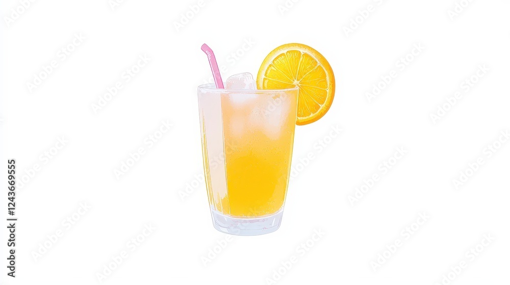 Refreshing Orange Beverage with Ice and Straw on White Background Refreshing Orange Beverage with Ice and Straw on White Background