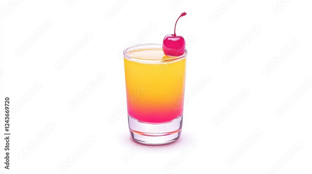 Colorful cocktail with cherry garnish in glass on white background Colorful cocktail with cherry garnish in glass on white background