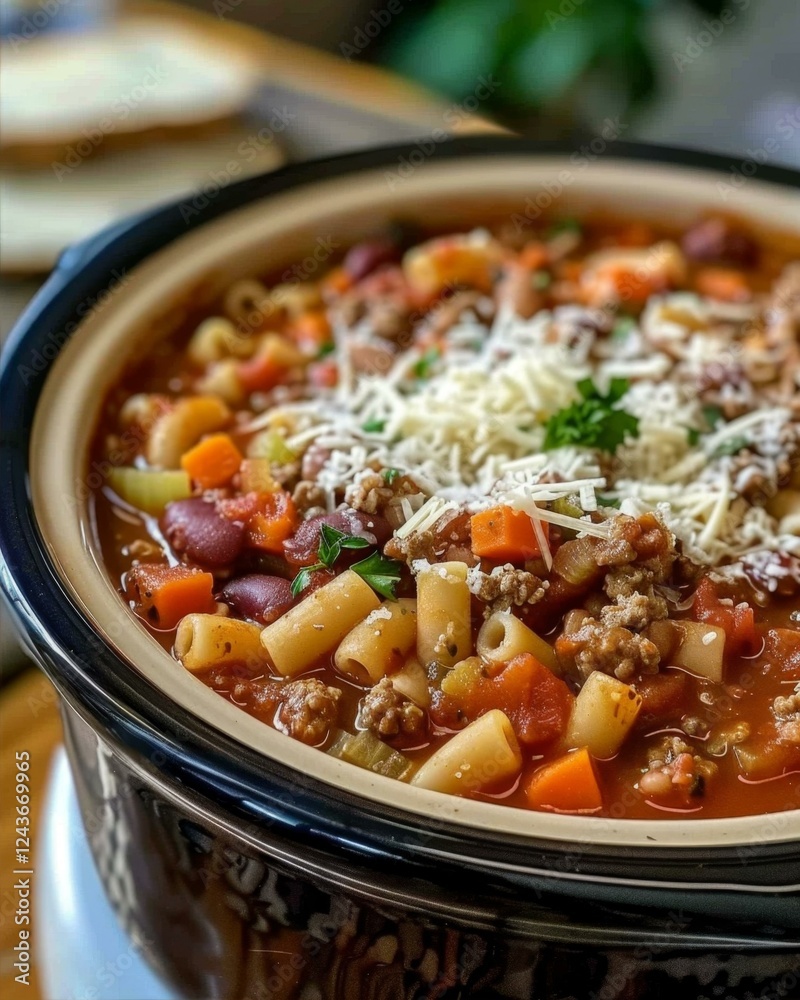 Hearty Pasta Bean Stew with Ground Meat and Shredded Cheese a Comfort Food Slow Cooker Meal Hearty Pasta Bean Stew with Ground Meat and Shredded Cheese a Comfort Food Slow Cooker Meal