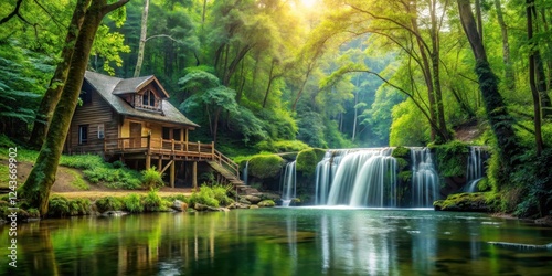 Serene forest surroundings with a secluded fishing lodge situated near a crystal-clear waterfall , trees