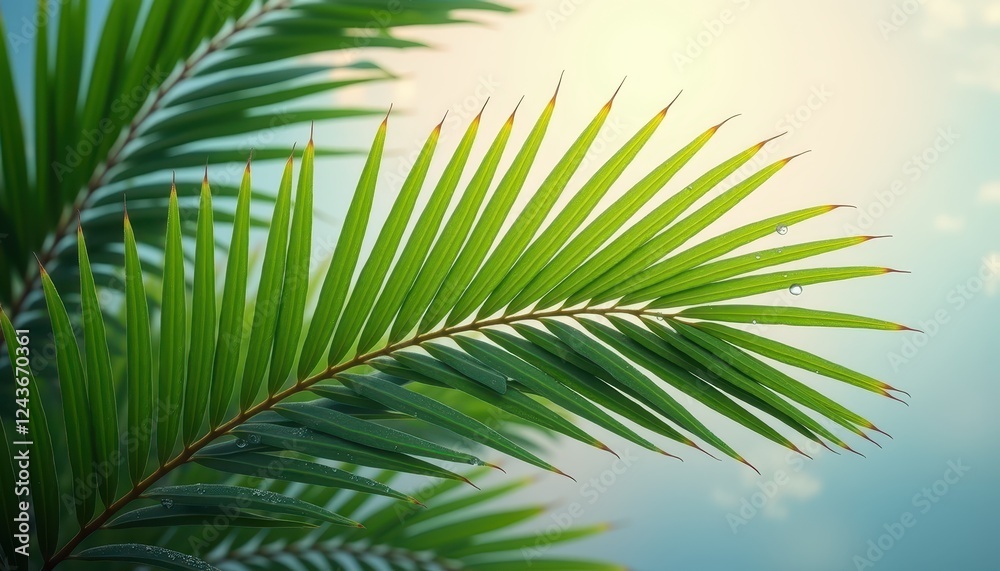 Fototapeta premium Close-up of green palm fronds with water droplets on them, set against a blurred background with soft light. The image evokes the tranquility and freshness of nature, relevant to Palm Sunday