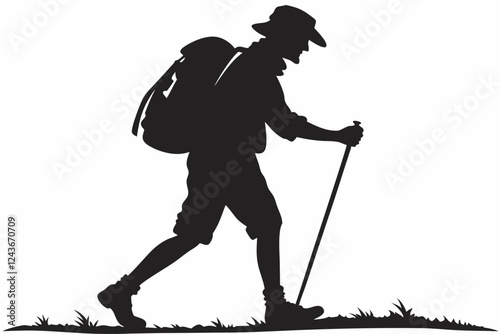 Hiker Silhouette Walking with Trekking Pole Outdoors