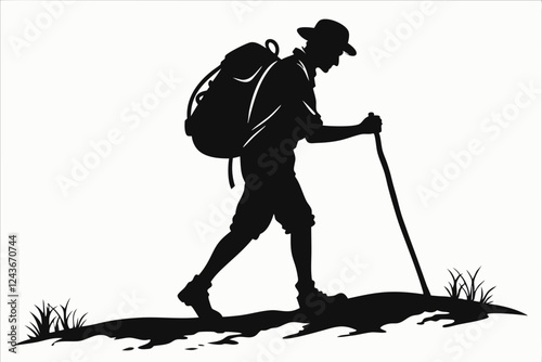 Hiker Silhouette Walking with Trekking Pole Outdoors