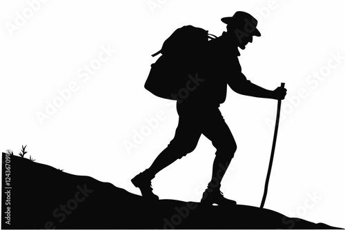Hiker Silhouette Walking with Trekking Pole Outdoors