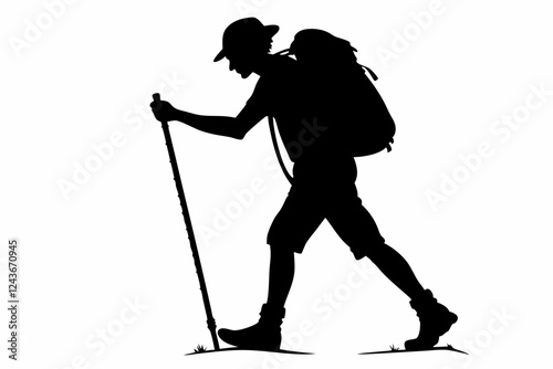 Hiker Silhouette Walking with Trekking Pole Outdoors