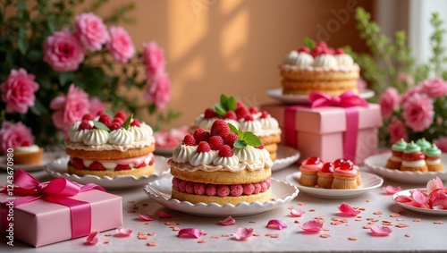 Beautifully set table with vibrant cakes and sweet treats celebrating International Women's Day with gifts
