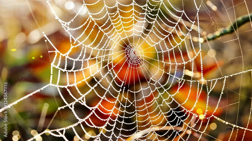 Sparkly morning dew, detailed web macro, softly backlit, earthy