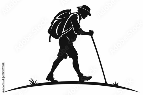 Hiker Silhouette Walking with Trekking Pole Outdoors