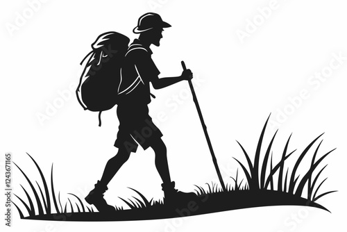Hiker Silhouette Walking with Trekking Pole Outdoors