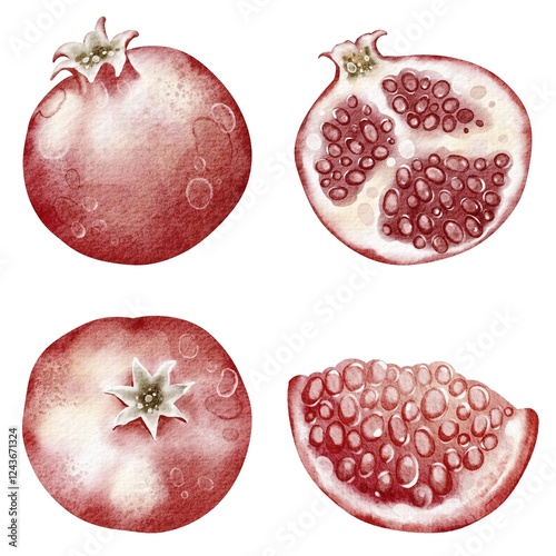 Bilde på lerret Water color illustration red pomegranate close-up on isolated background