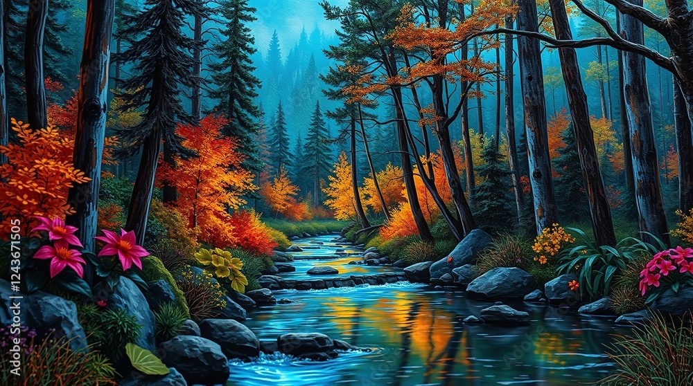 A close-up oil painting of a colorful summer forest and river A close-up oil painting of a colorful summer forest and river
