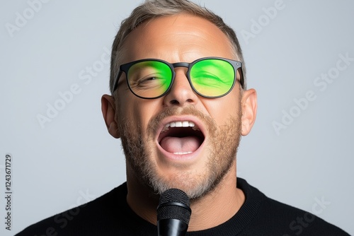 Man expressing emotion while singing in a studio with clear background and unique green glasses photo