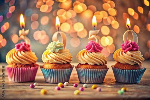 Vintage Birthday Cupcakes: 580 Candles Lit - Stock Photo photo