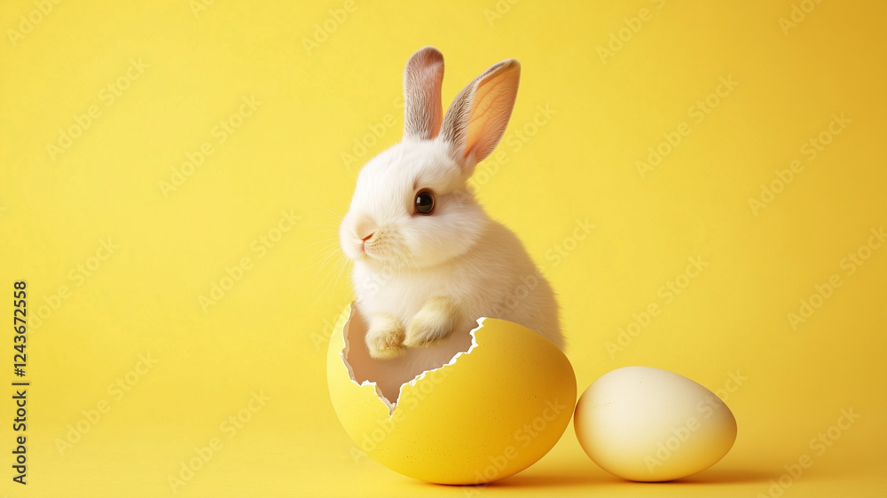 Bunny sitting on a broken easter egg and yellow background with copy space Bunny sitting on a broken easter egg and yellow background with copy space