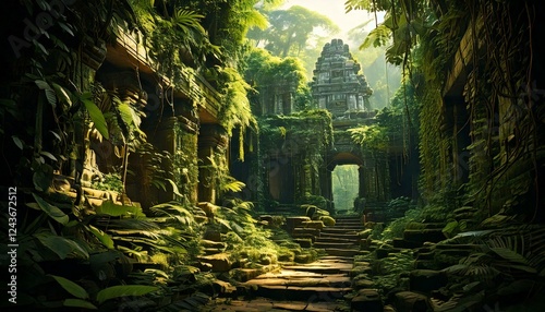 temple ruins covered in jungle vines 