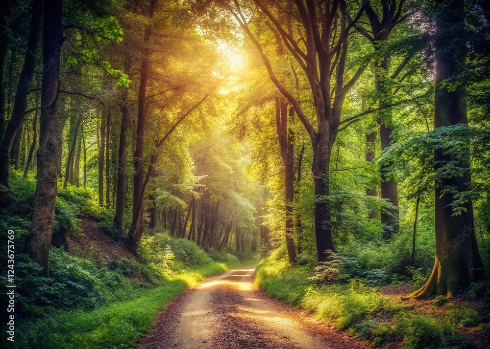 Fototapeta premium Vintage Forest Track: Sun Dappled Path Through Woods