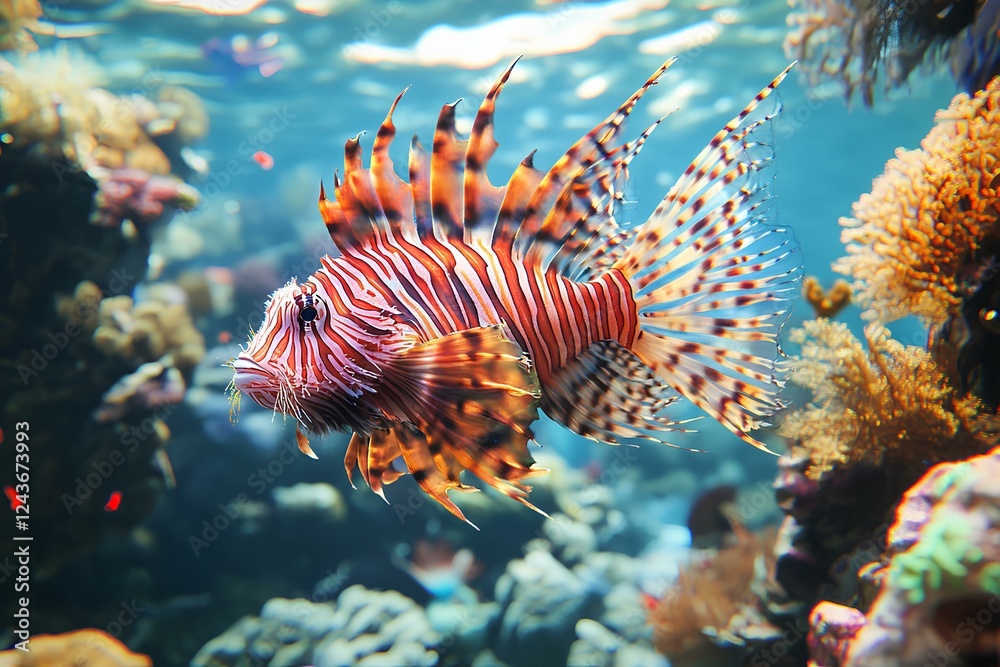 red lion fish in water coral reefs colour high conrast 3D red lion fish in water coral reefs colour high conrast 3D