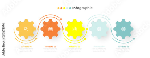Business infographic template. Timeline process Gears design label with marketing icons and 5 steps or options.