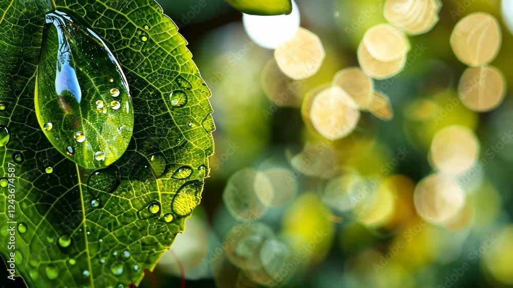 Dewdrop detail on leaf at sunrise with soft-focused backdrop Dewdrop detail on leaf at sunrise with soft-focused backdrop