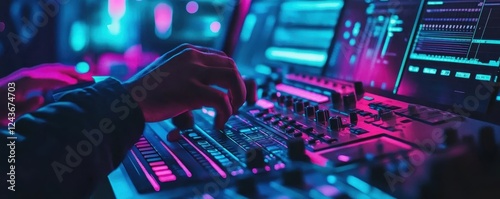 Electronic Music Producer Manipulating Digital Audio Workstation in High Tech Neon Lit Studio photo